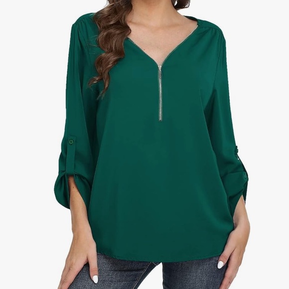 Hunter green chiffon top half zip - Picture 1 of 2